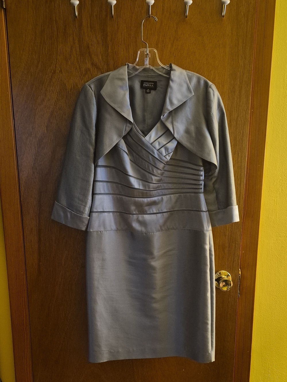 Adrianna Papell Silver Satin Midi Dress with Matching Jacket Size 8p